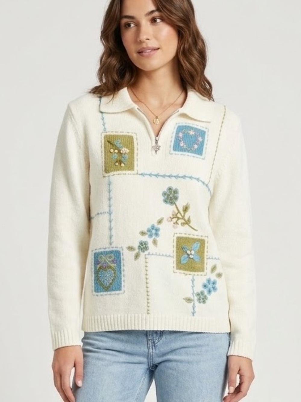 Vtg ALFRED DUNNER Embroidered Chenille Knit Sweater 90s Cream  Women’s P Large